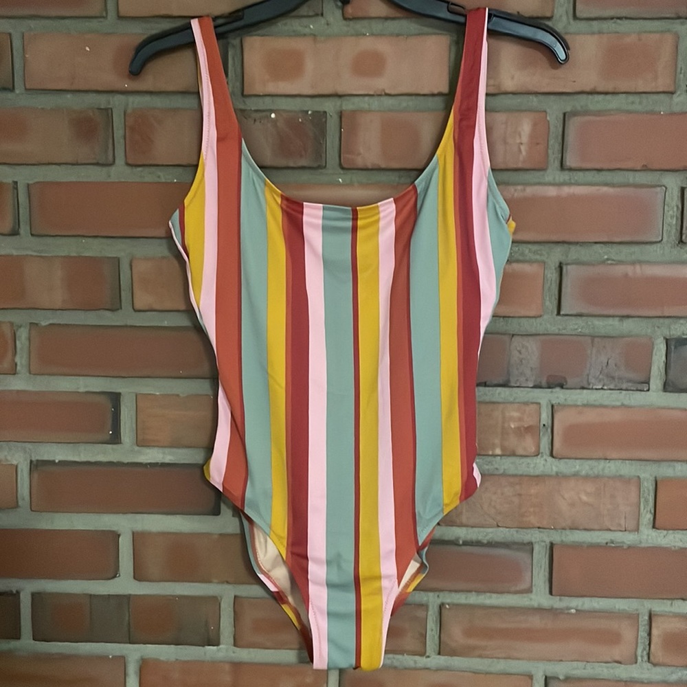 Madewell striped hicut bathing suit small orange teal muted tones one piece - Picture 4 of 11